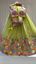 Designer Lime Green Floral Embroidered Tabby Organza Silk Lehenga Choli
