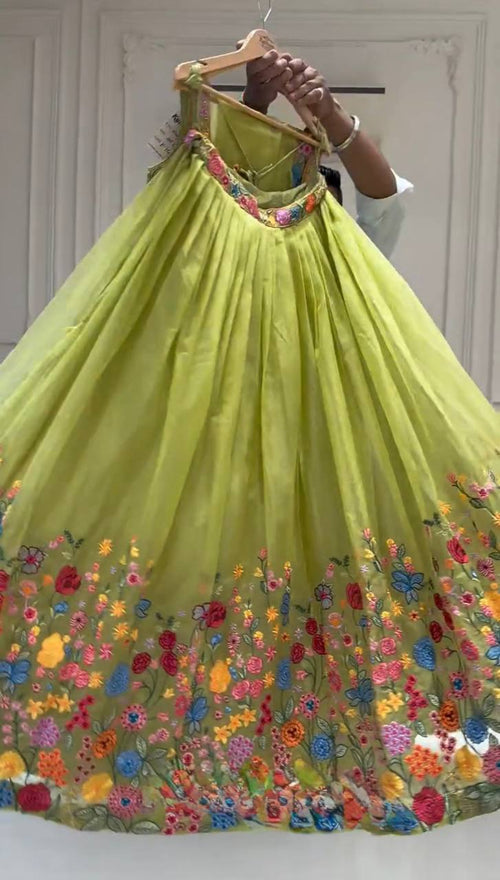 Designer Lime Green Floral Embroidered Tabby Organza Silk Lehenga Choli