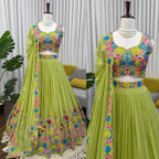 Designer Lime Green Floral Embroidered Tabby Organza Silk Lehenga Choli