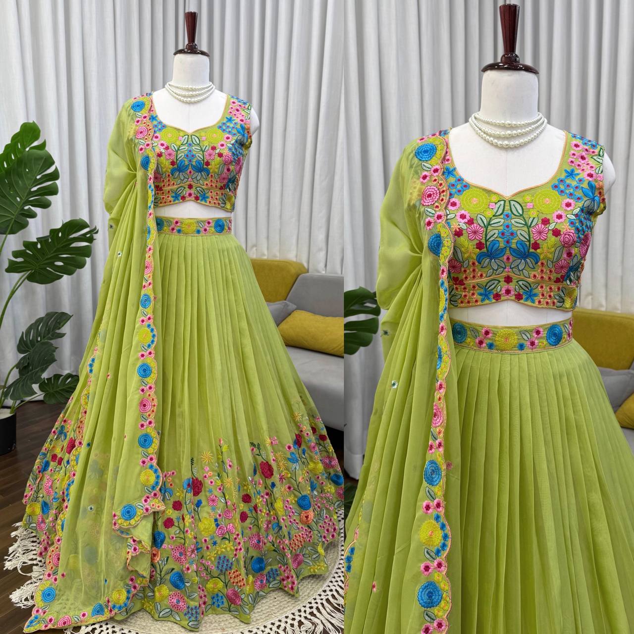 Designer Lime Green Floral Embroidered Tabby Organza Silk Lehenga Choli