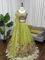 Designer Lime Green Floral Embroidered Tabby Organza Silk Lehenga Choli