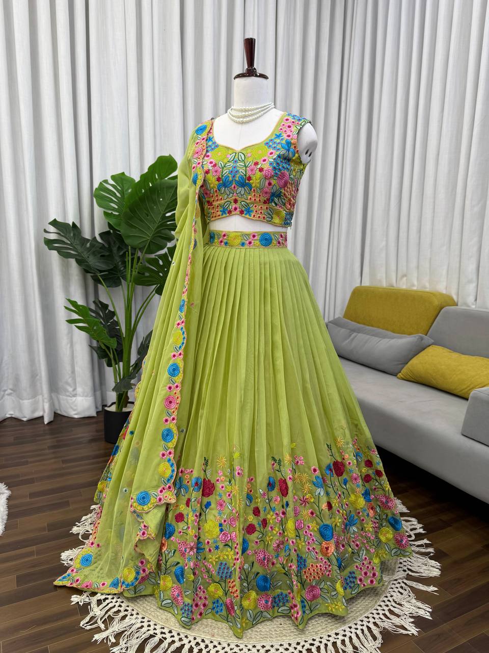 Designer Lime Green Floral Embroidered Tabby Organza Silk Lehenga Choli
