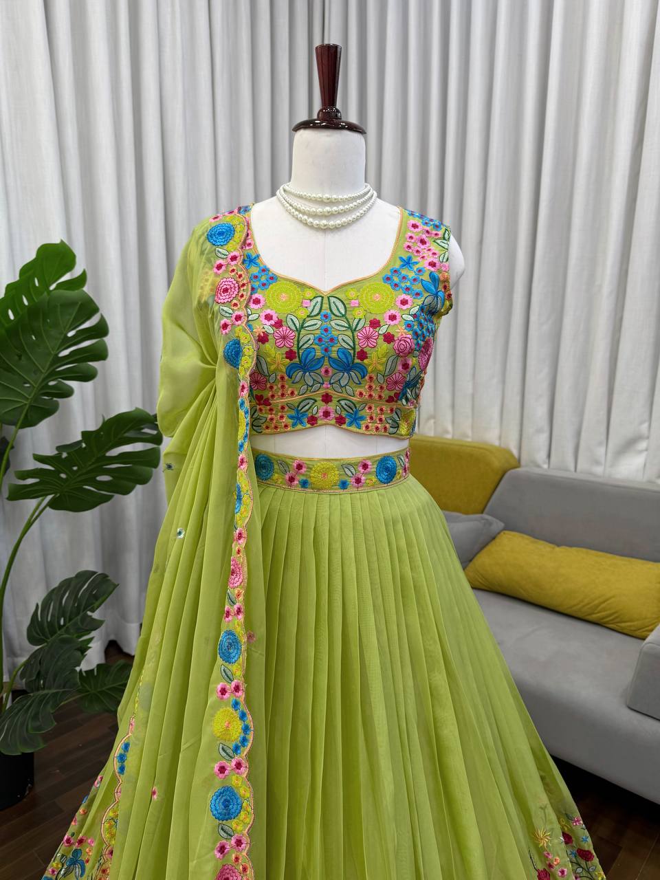 Designer Lime Green Floral Embroidered Tabby Organza Silk Lehenga Choli