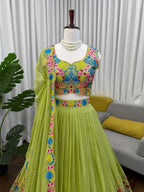 Designer Lime Green Floral Embroidered Tabby Organza Silk Lehenga Choli