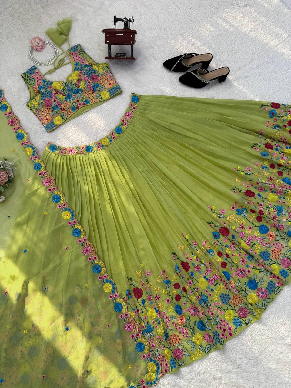 Designer Lime Green Floral Embroidered Tabby Organza Silk Lehenga Choli