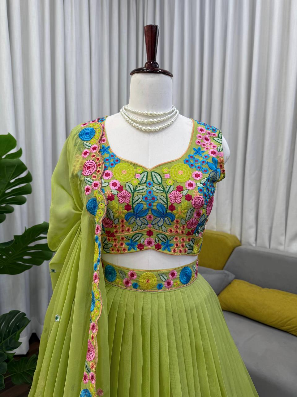 Designer Lime Green Floral Embroidered Tabby Organza Silk Lehenga Choli