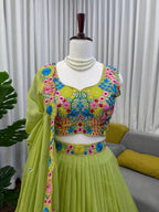 Designer Lime Green Floral Embroidered Tabby Organza Silk Lehenga Choli