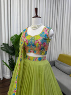 Designer Lime Green Floral Embroidered Tabby Organza Silk Lehenga Choli