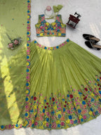 Designer Lime Green Floral Embroidered Tabby Organza Silk Lehenga Choli