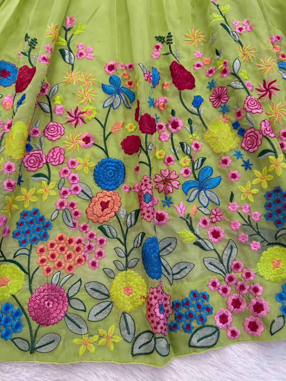 Designer Lime Green Floral Embroidered Tabby Organza Silk Lehenga Choli