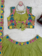 Designer Lime Green Floral Embroidered Tabby Organza Silk Lehenga Choli