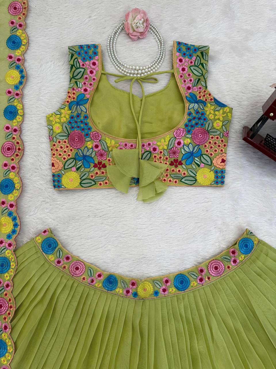 Designer Lime Green Floral Embroidered Tabby Organza Silk Lehenga Choli