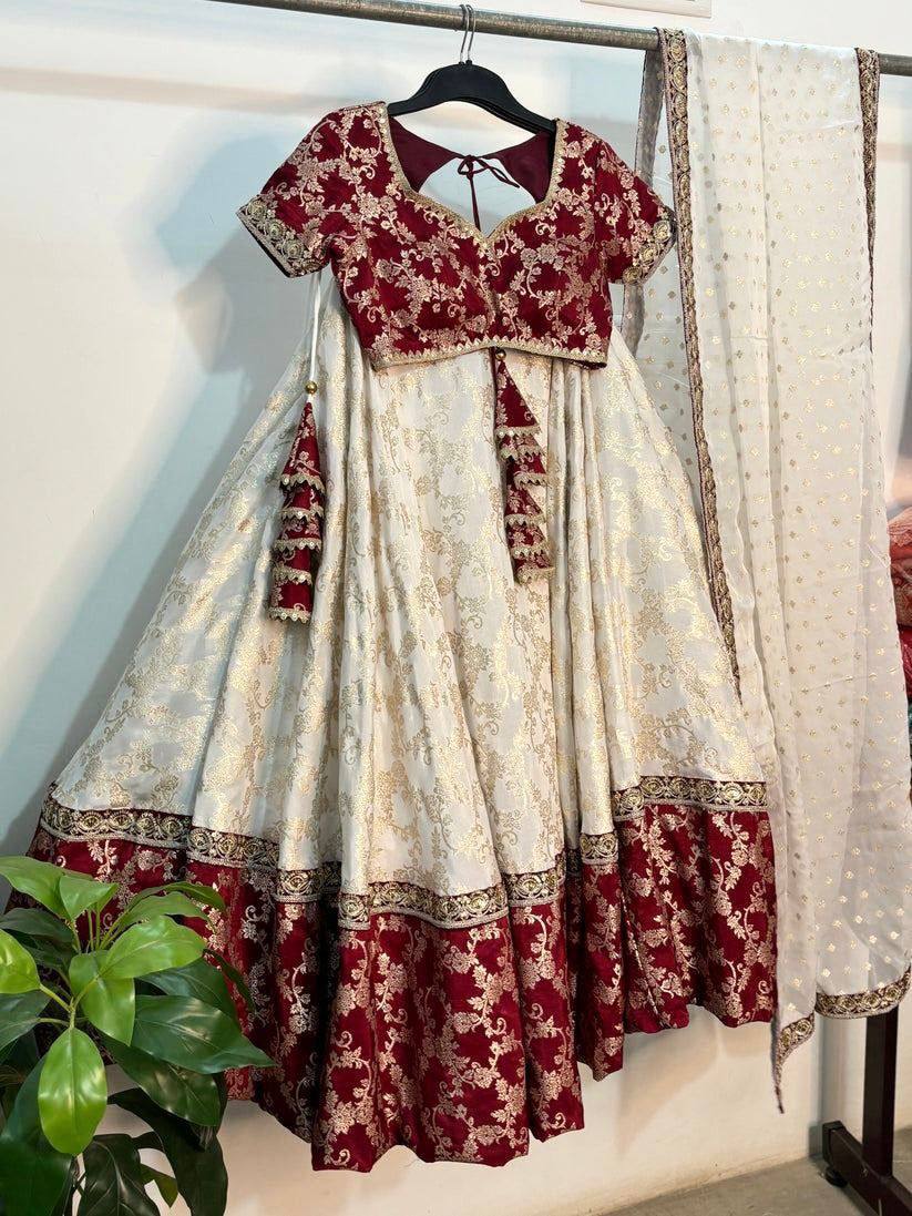 Designer Wine & Cream Jacquard Lehenga Choli with Exquisite Coding & Sequence Work