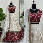 Designer Wine & Cream Jacquard Lehenga Choli with Exquisite Coding & Sequence Work