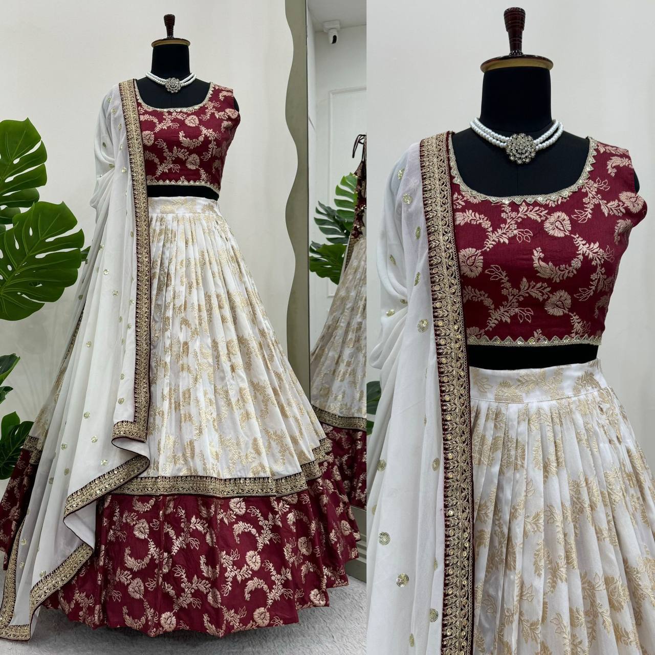 Designer Wine & Cream Jacquard Lehenga Choli with Exquisite Coding & Sequence Work