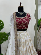 Designer Wine & Cream Jacquard Lehenga Choli with Exquisite Coding & Sequence Work