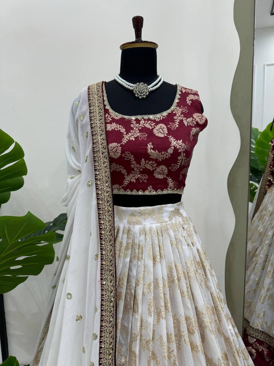 Designer Wine & Cream Jacquard Lehenga Choli with Exquisite Coding & Sequence Work