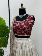 Designer Wine & Cream Jacquard Lehenga Choli with Exquisite Coding & Sequence Work