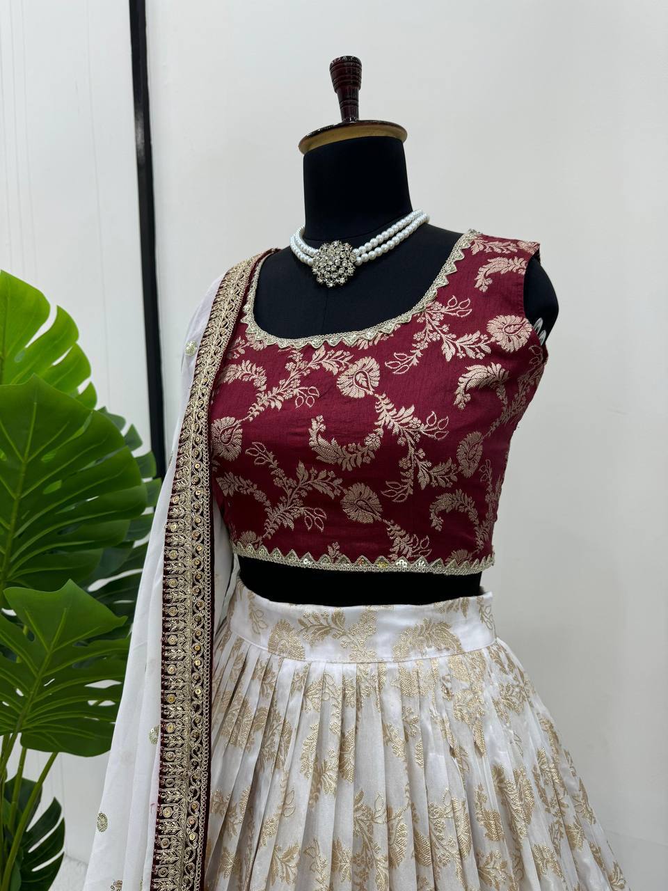 Designer Wine & Cream Jacquard Lehenga Choli with Exquisite Coding & Sequence Work