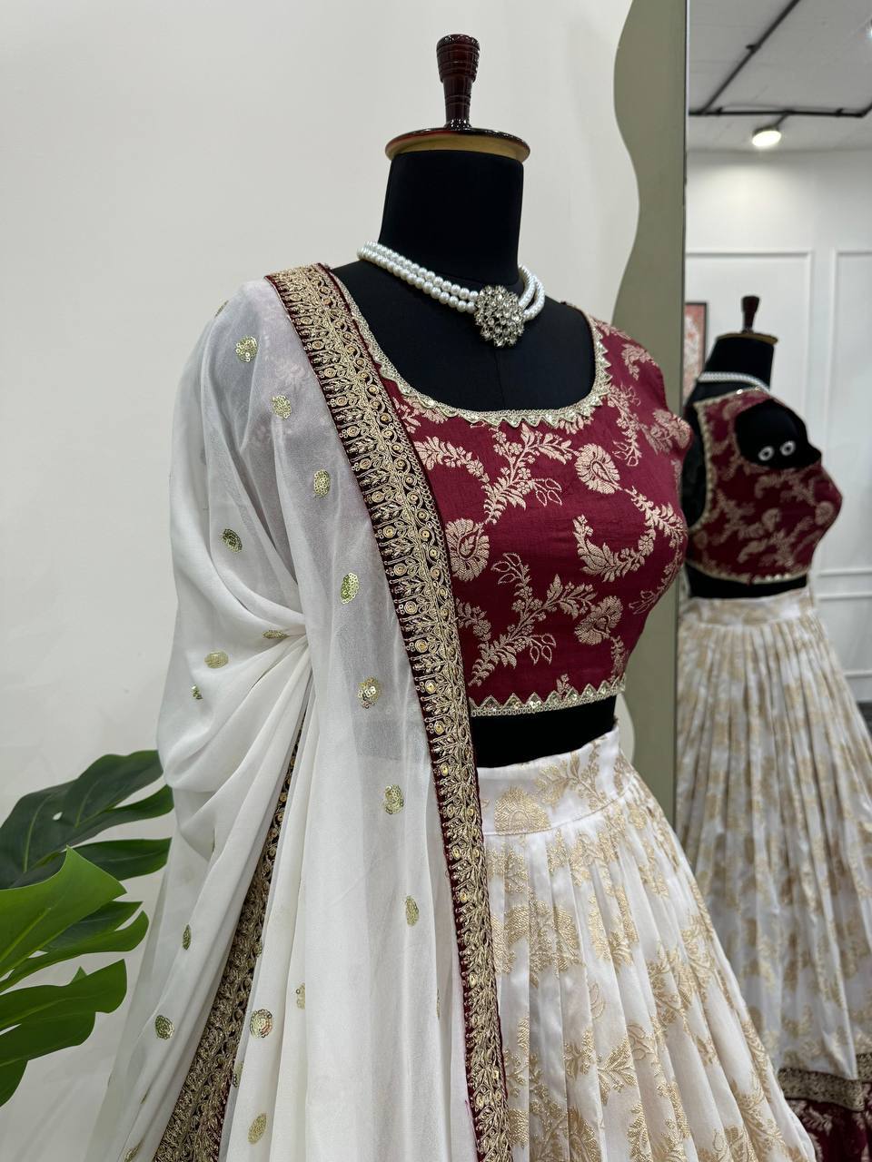 Designer Wine & Cream Jacquard Lehenga Choli with Exquisite Coding & Sequence Work