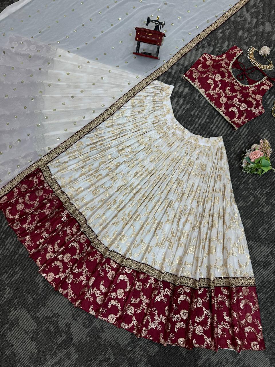 Designer Wine & Cream Jacquard Lehenga Choli with Exquisite Coding & Sequence Work