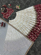 Designer Wine & Cream Jacquard Lehenga Choli with Exquisite Coding & Sequence Work