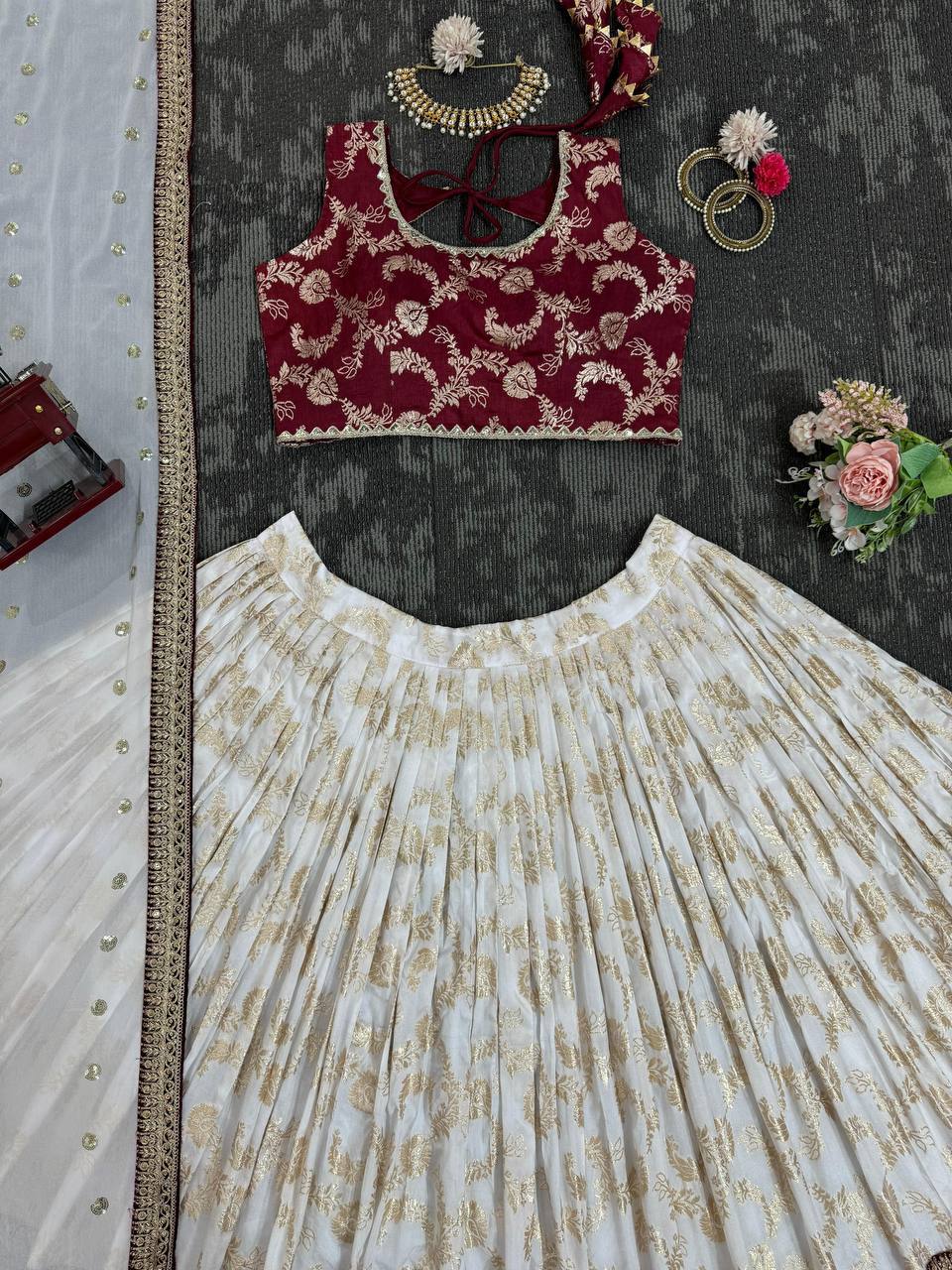 Designer Wine & Cream Jacquard Lehenga Choli with Exquisite Coding & Sequence Work