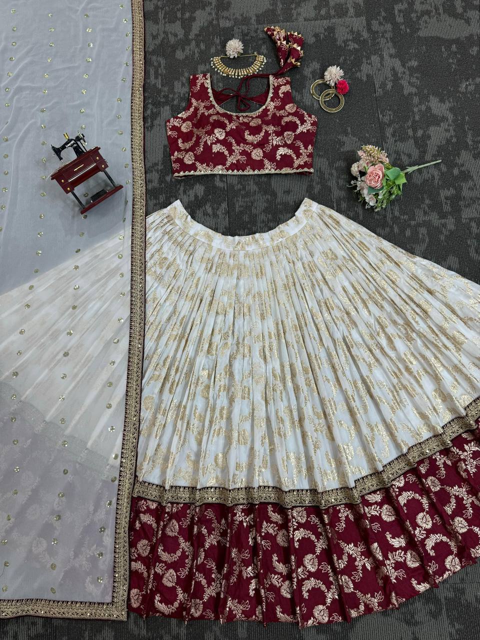 Designer Wine & Cream Jacquard Lehenga Choli with Exquisite Coding & Sequence Work