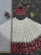 Designer Wine & Cream Jacquard Lehenga Choli with Exquisite Coding & Sequence Work